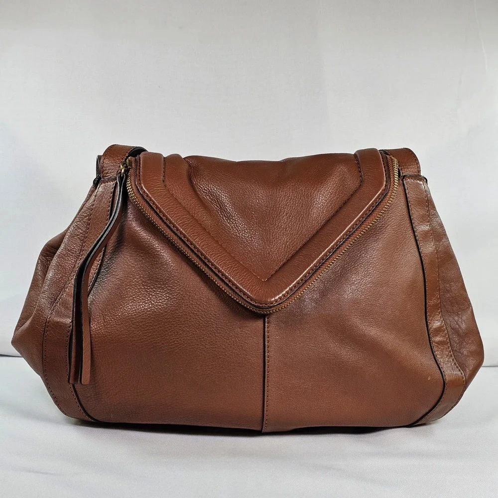 Vince Camuto Lenka Cognac Brown Pebbled‎ Leather V-Flap Shoulder Bag Hobo Purse
